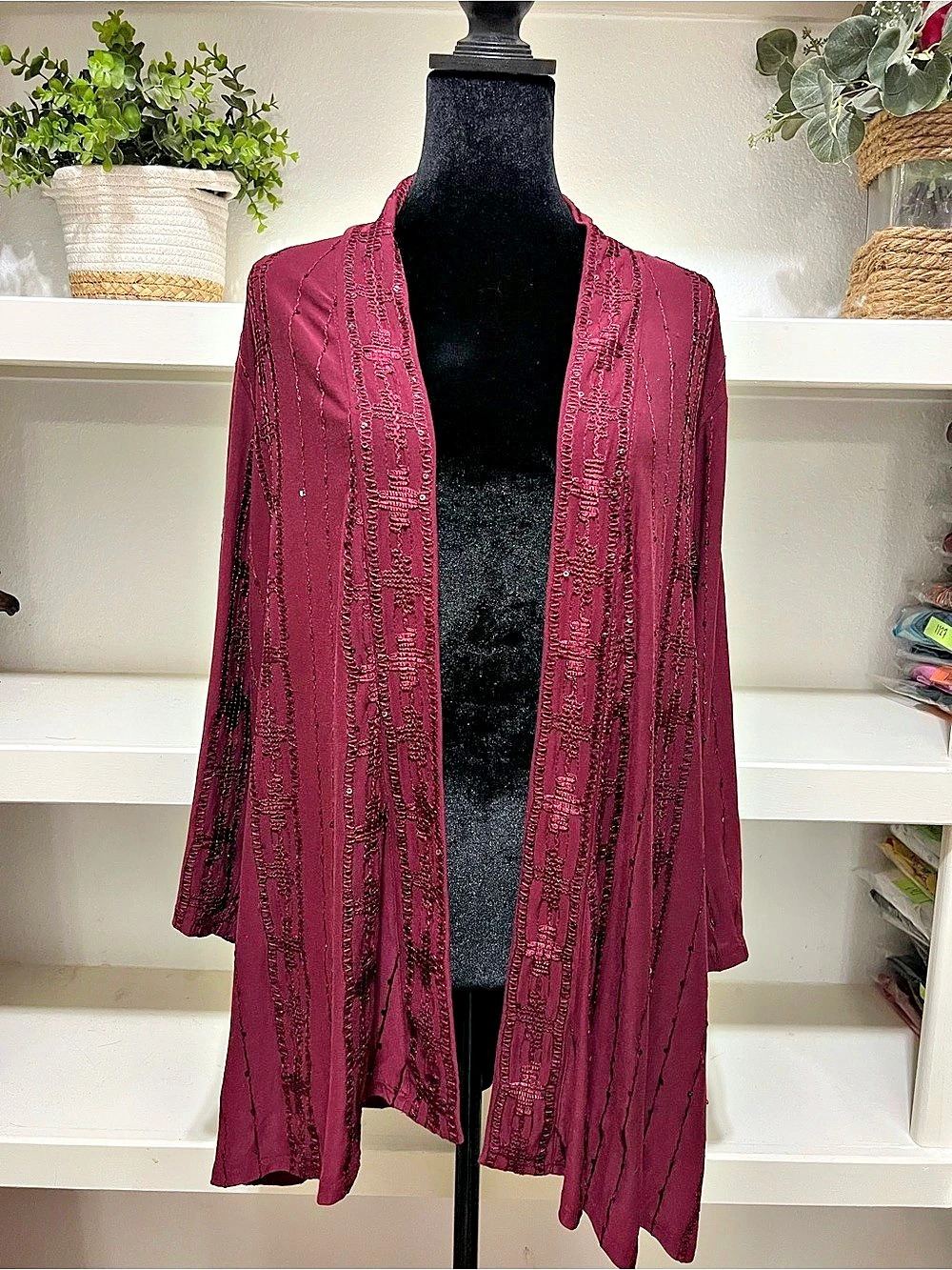 Susan Graver Occasions Embellished Sweater Cardigan Burgundy Medium